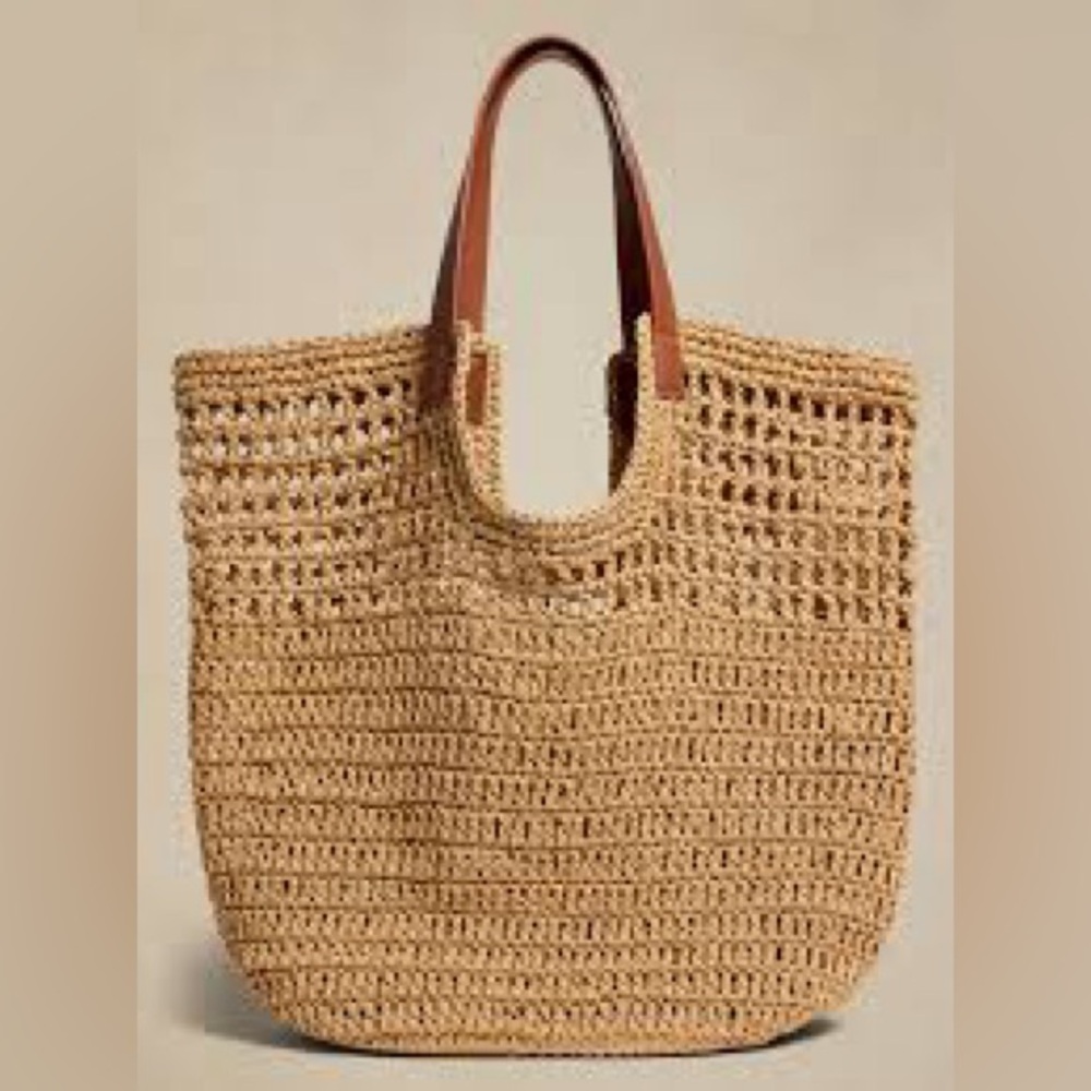 Woven Straw Tote Bag with Brown Leather Handles
